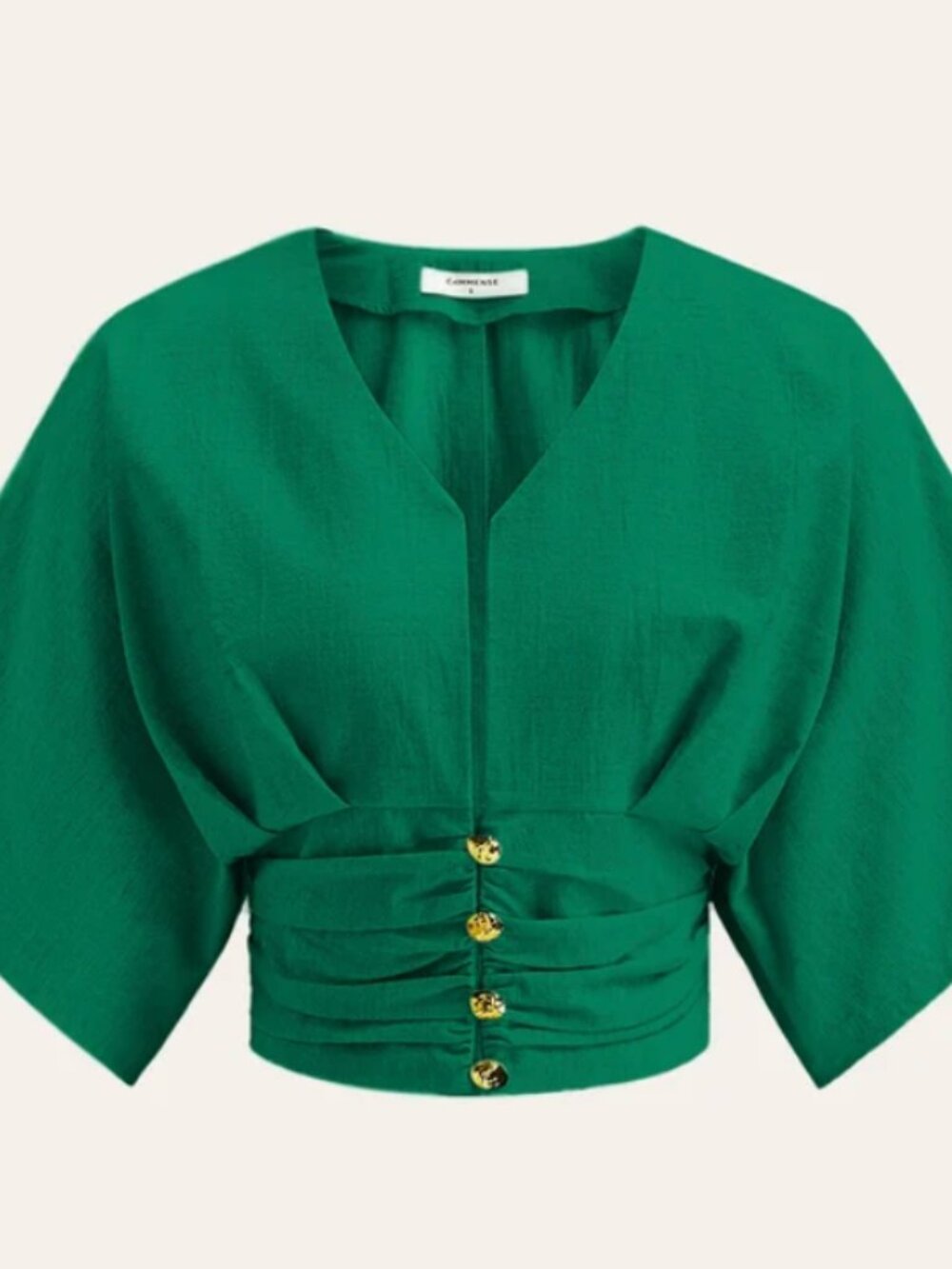 Commense Green Cotton Linen Kimono Sleeve Button Crop Top